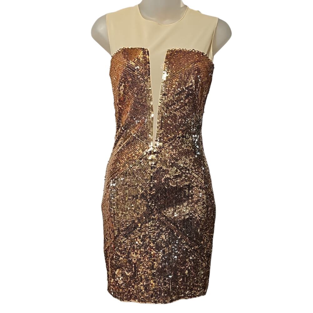 NWT Bebe Gold Sequin Bodycon Dress Nude Illusion Sleeveless Zip Back Size S